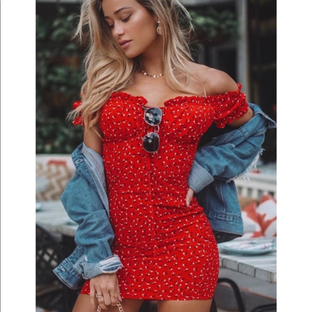 Frill OffShoulder Ditsy Floral Shirred Dress Shein